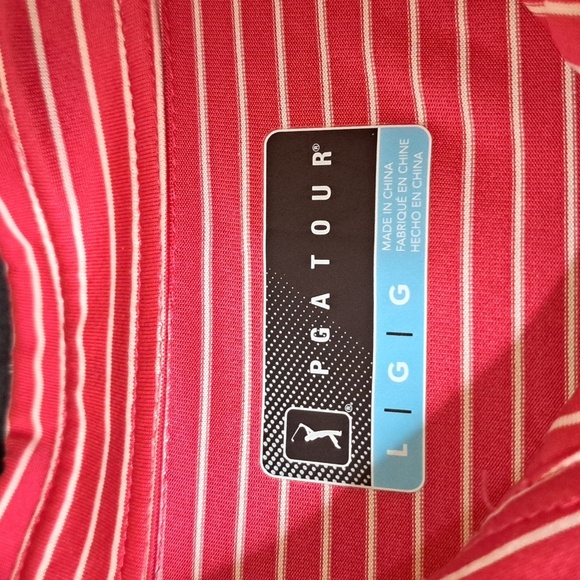 PGA Tour Polo Men's Large Pink White Striped Short Sleeve Golf Shirt - Picture 2 of 6